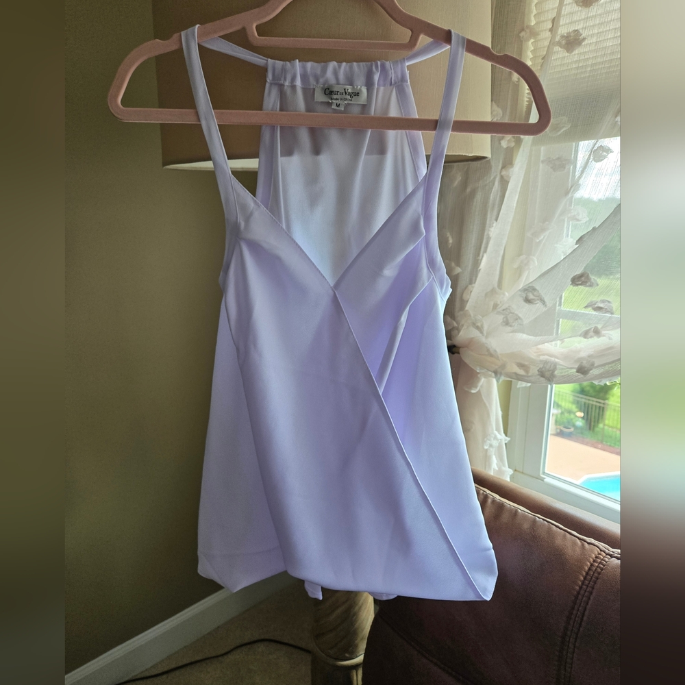 Sheer Lavender V Neck Sleeveless Drape Wrap Front Pleated Camisole